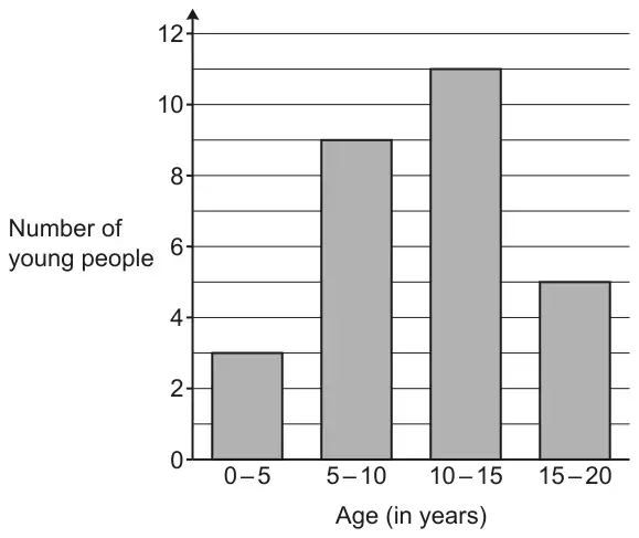 Bar chart: Number of young people against Age (in years); 0–5: 3, 5–10: 9, 10–15: 11, 15–20: 5