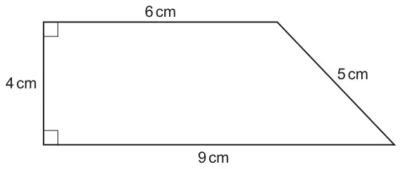 Right trapezium with parallel sides 6 cm and 9 cm, perpendicular height 4 cm and slanted side 5 cm
