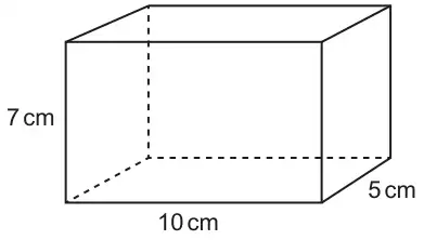 Cuboid labelled 10 cm long, 7 cm high and 5 cm deep, hidden edges dashed