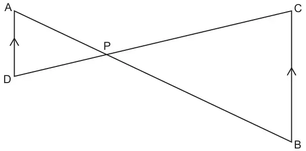 Lines AB and DC crossing at P, with A top left, D bottom left, C top right and B bottom right; DA and BC are vertical and marked parallel with arrows