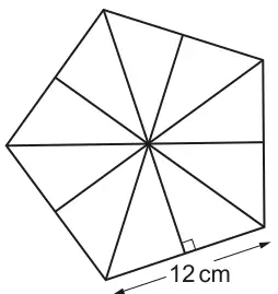 Regular pentagon divided into ten congruent right-angled triangles meeting at the centre; one side is labelled 12 cm and a right angle is marked where a line from the centre meets the midpoint of that side