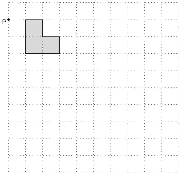 Square grid with point P at a grid point near the top left and a shaded L-shaped hexagon one square to the right of P