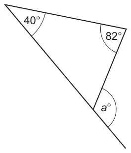 Triangle with interior angles 40 degrees and 82 degrees; the third side is extended and the exterior angle a degrees is marked at the third vertex