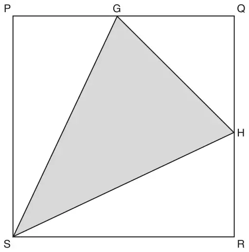 Square PQRS with P top left, Q top right, R bottom right and S bottom left. G is the midpoint of PQ and H is the midpoint of QR. Triangle GHS is shaded