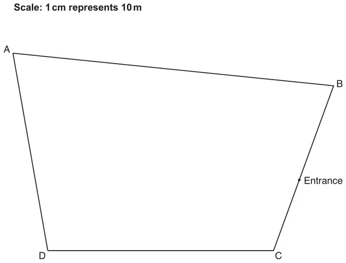 Scale drawing of quadrilateral park ABCD, with the Entrance marked on side BC. Scale: 1 cm represents 10 m