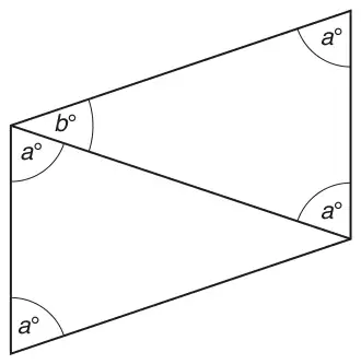 Parallelogram split by a diagonal into two congruent isosceles triangles. Angles marked a degrees at four places and b degrees next to one a at the top left vertex