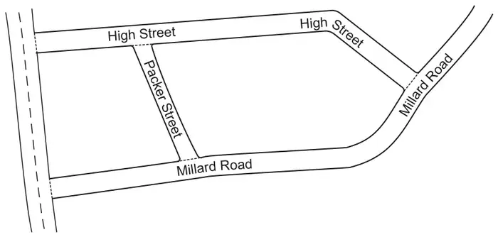 Map of part of a village showing High Street along the top, Millard Road along the bottom and up the right-hand side, and Packer Street joining High Street to Millard Road