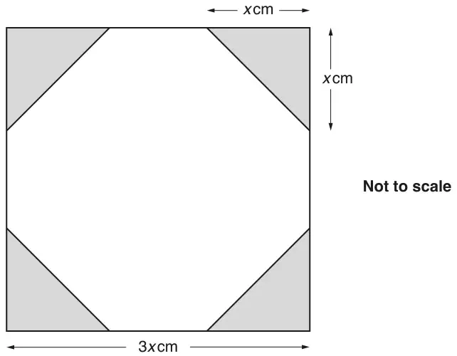 A square of side 3x cm. At each corner a right-angled triangle with two sides of x cm is shaded. Not to scale