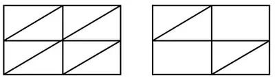 Two rectangles subdivided by lines through the midpoints: one into 8 equal right-angled triangles, the other into rectangles and triangles