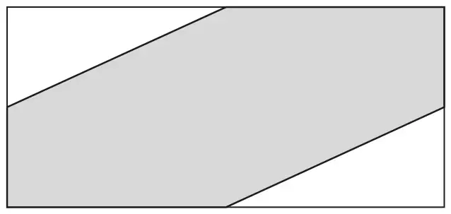 Rectangle; two parallel lines join midpoints of its sides, cutting off an unshaded right-angled triangle at the top left and at the bottom right; the rest is shaded