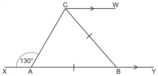 Triangle ABC with A and B on line XY and C above; CW is parallel to XY going right from C; AB and CB are marked equal; angle CAX is 130°