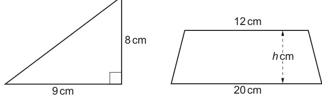 Right-angled triangle with base 9 cm and height 8 cm, and a trapezium with parallel sides 12 cm and 20 cm and height h cm
