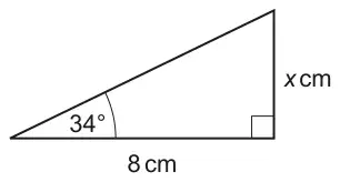 Right-angled triangle with base 8 cm, angle 34 degrees at the left end of the base and vertical side x cm opposite the angle