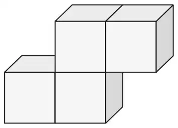 Four cubes joined face to face: two cubes side by side on the bottom, and two cubes side by side on top, shifted one cube to the right