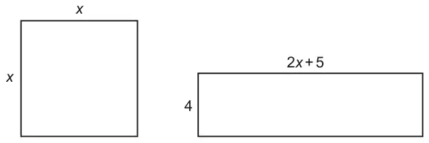A square with sides x, and a rectangle with length 2x + 5 and width 4