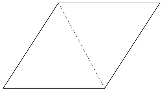 A rhombus with its shorter diagonal drawn dashed, splitting it into two equilateral triangles