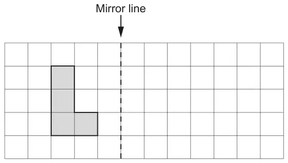 Square grid with a vertical dashed mirror line; a shaded L-shape is drawn to the left of the line