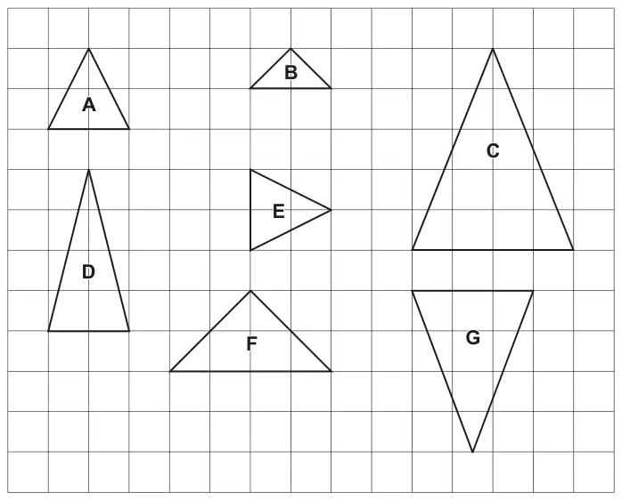 Square grid with seven triangles A to G of various sizes and orientations