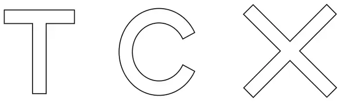 Outline capital letters T, C and X