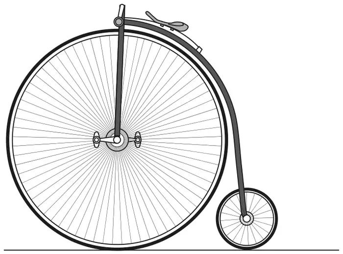 Drawing of a Penny Farthing bicycle with a very large front wheel and a small rear wheel