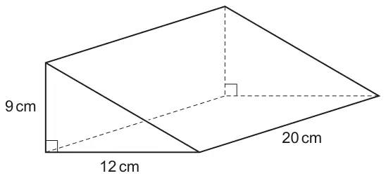 Triangular prism lying on a rectangular face. The right-angled triangular end has sides 9 cm and 12 cm; the length of the prism is 20 cm