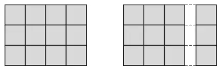 Pattern 3, a 3 by 4 rectangle of tiles, shown again split into a 3 by 3 square of tiles and a single column of 3 tiles