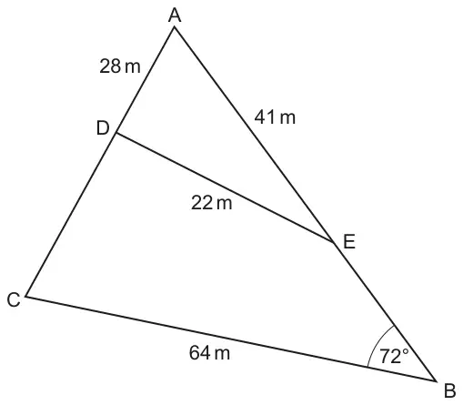 Triangle ABC with D on AC and E on AB joined by the line DE; AD = 28 m, AE = 41 m, DE = 22 m, CB = 64 m and angle ABC = 72°