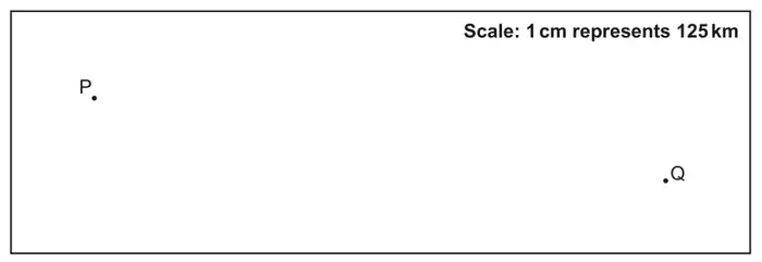 Scale diagram in a box with the note Scale: 1 cm represents 125 km; point P near the top left and point Q near the bottom right
