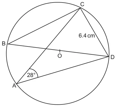 Circle centre O with points A, B, C and D on the circumference; BD passes through O; chords AC, AD, BC and CD drawn; angle CAD = 28 degrees and CD = 6.4 cm