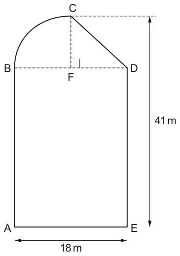 Shape ABCDE: rectangle ABDE with AE = 18 m at the bottom; above BD a quarter circle from B up to C and a right-angled triangle CFD with F on BD below C; the perpendicular height from C to AE is 41 m