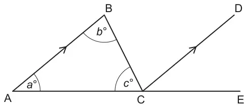 Triangle ABC with base AC extended to E; CD is parallel to AB; angle a° at A, angle b° at B and angle c° at C inside the triangle