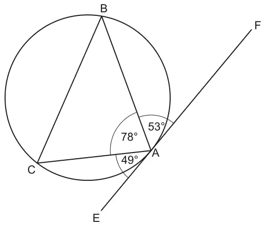 Triangle ABC inscribed in a circle with tangent EAF at A; at A the angle between AF and AB is 53°, angle BAC is 78° and the angle between AC and AE is 49°