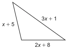 Triangle with sides labelled x + 5, 3x + 1 and 2x + 8