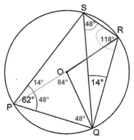 Circle diagram with OP joined: angles 14, 48, 84 and 48 degrees marked