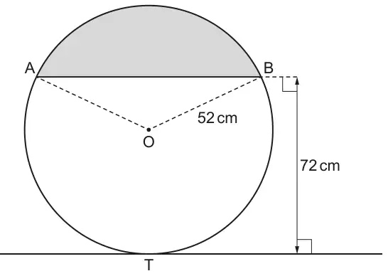 Circle centre O, radius 52 cm, with chord AB at the top; the segment above AB is shaded; a tangent touches the circle at T at the bottom; the perpendicular distance from the chord to the tangent is 72 cm