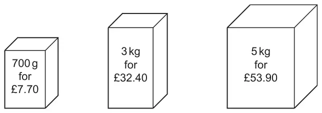 Three packs: 700 g for £7.70, 3 kg for £32.40, 5 kg for £53.90