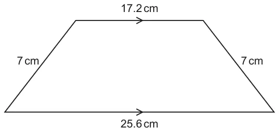 Isosceles trapezium with parallel sides 17.2 cm (top) and 25.6 cm (bottom) and both sloping sides 7 cm