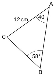 Triangle ABC with AC = 12 cm, angle CAB = 40 degrees and angle ABC = 58 degrees