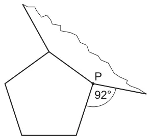 A regular pentagon and part of another regular polygon sharing a vertex P; the angle at P between them, outside both polygons, is 92 degrees