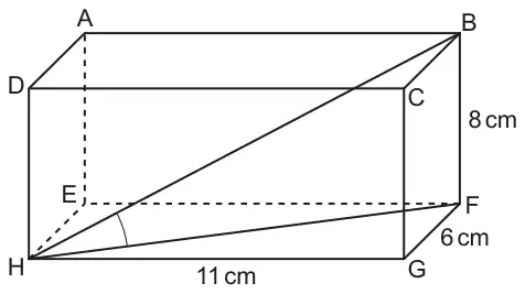 Cuboid ABCDEFGH with top face ABCD and bottom face EFGH; HG = 11 cm, GF = 6 cm, BF = 8 cm; lines drawn from H to B and from H to F with the angle BHF marked