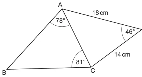 Triangles ABC and ACD sharing side AC; angle BAC = 78°, angle ACB = 81°, AD = 18 cm, CD = 14 cm, angle ADC = 46°