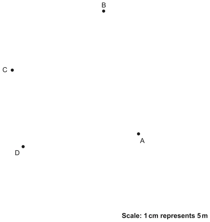 Scale diagram with four marked points: B at the top, C at the left, D at the bottom left and A at the right; Scale: 1 cm represents 5 m