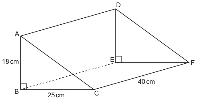 Right-angled triangular prism ABCDEF: AB = 18 cm vertical with a right angle at B, BC = 25 cm, CF = 40 cm; DE is vertical with a right angle at E; BE is dashed