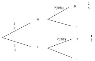 Tree diagram: M with probability 2/3 and F with probability 1/3; then R with probability P(R/M) or P(R/F) and L; the end results for R are 2/5 for males and 1/4 for females