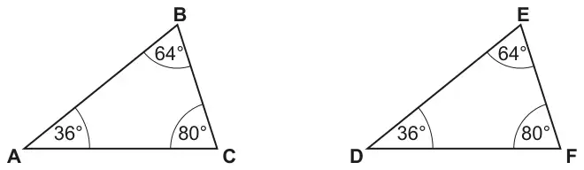 Triangle ABC with angles A = 36°, B = 64°, C = 80° and triangle DEF with angles D = 36°, E = 64°, F = 80°
