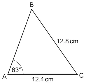 Triangle ABC with BC = 12.8 cm, AC = 12.4 cm and angle A = 63°