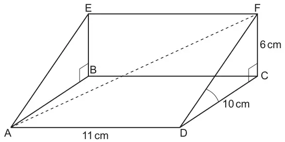 Right-angled triangular prism ABCDEF with AD = 11 cm, CD = 10 cm and CF = 6 cm; right angles at B and C; the diagonal AF is dashed