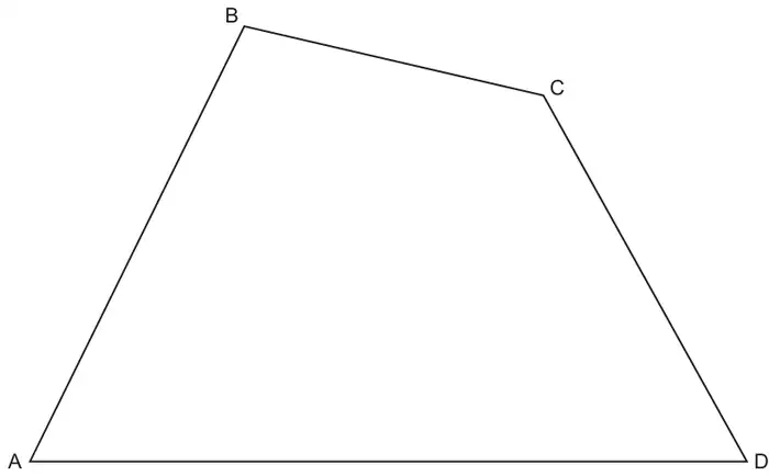 Quadrilateral ABCD with A at bottom left, B at top left, C at top right and D at bottom right; AD is horizontal
