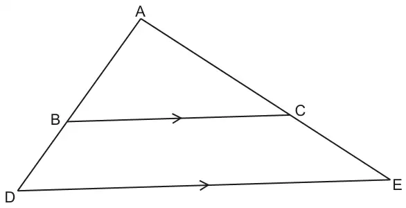 Triangle ADE with B on AD and C on AE; BC is parallel to DE, shown by arrows