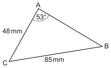 Triangle ABC with AC = 48 mm, BC = 85 mm and angle BAC = 53°